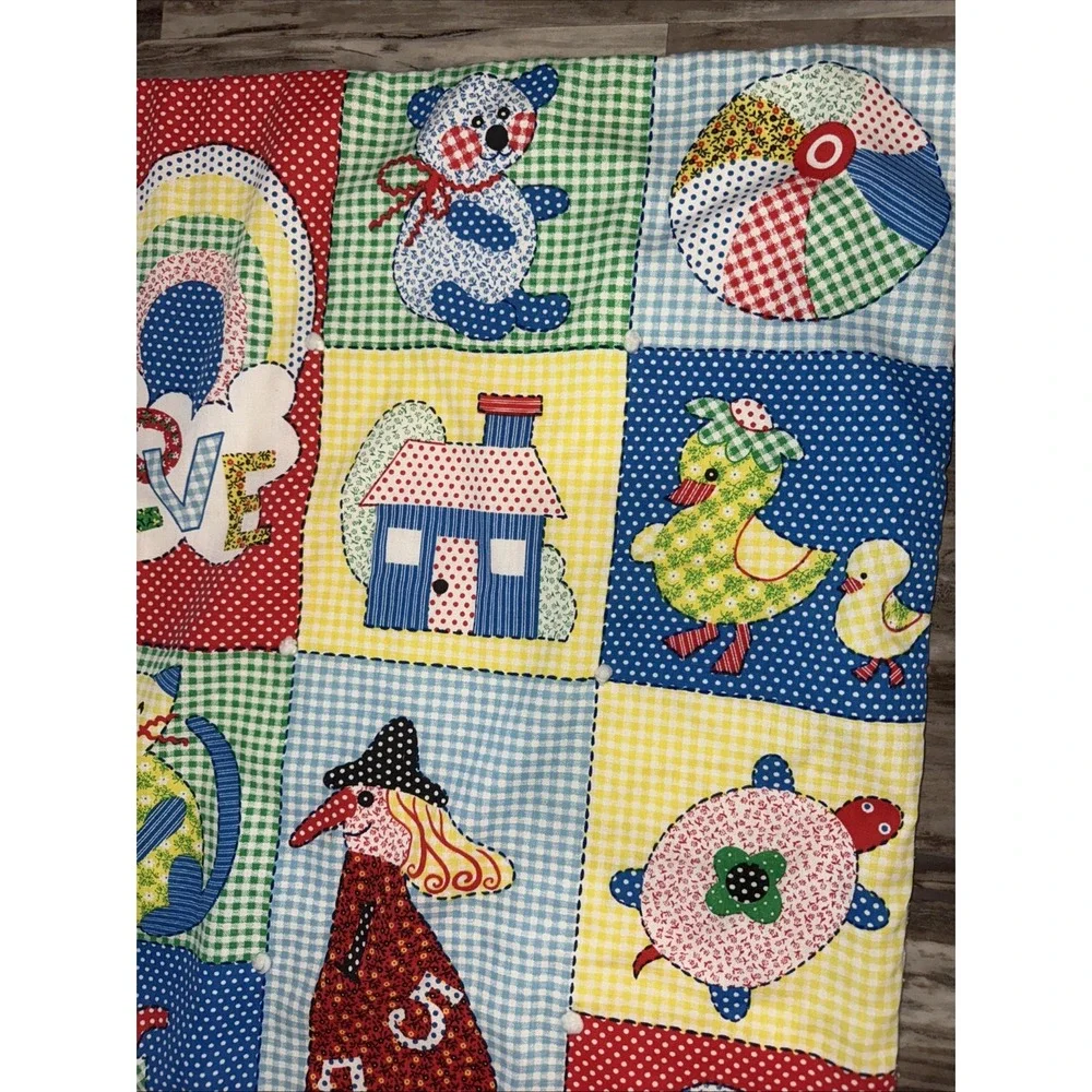Vintage 70's Baby Child Quilt Blanket Primary Colors Train Kitten Ducks Turtle